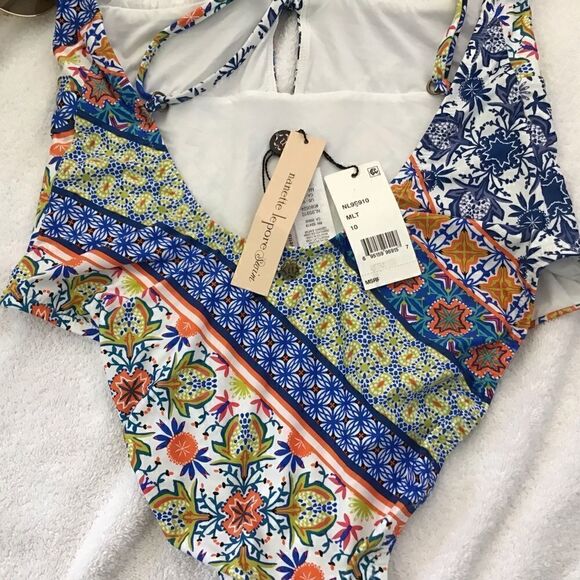NWT Nanette Lepore Patchwork Goddess one piece swimsuit with key hole front open - Picture 5 of 8